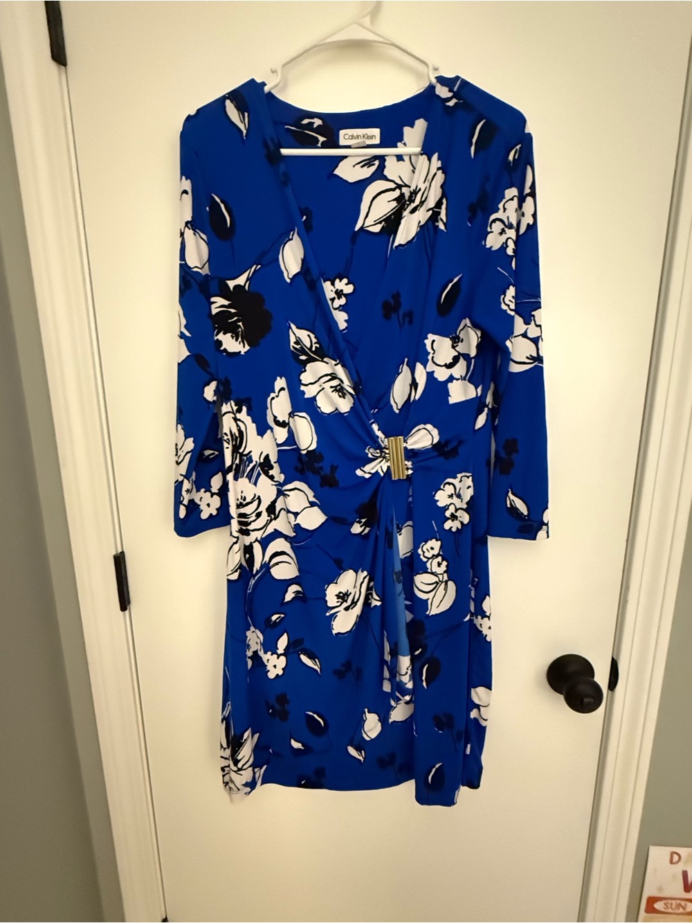 Calvin Klein Royal Blue Floral Wrap-Style Long Sleeve Dress